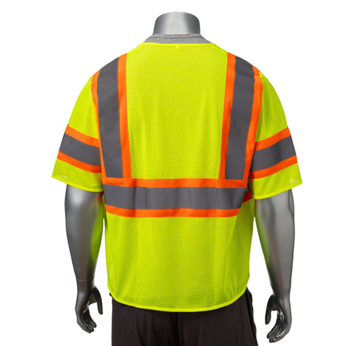 Class 3 3.8oz. Polyester Reflective Safety Vest With Pocket | Back side | Safety yellow