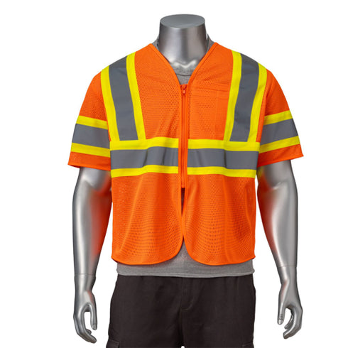 Class 3 3.8oz. Polyester Reflective Safety Vest With Pocket | Front side | Safety orange