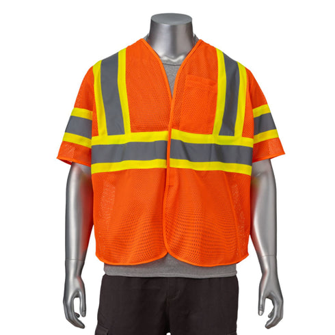 Class 3 3.8oz. Polyester Reflective Safety Hook & Loop Vest | Front side | Safety orange