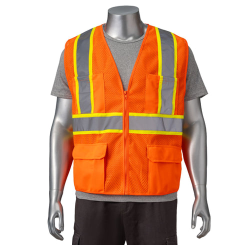 Class 2 Polyester Two Tone Reflective Tape Safety Vest | Front side | Safety orange