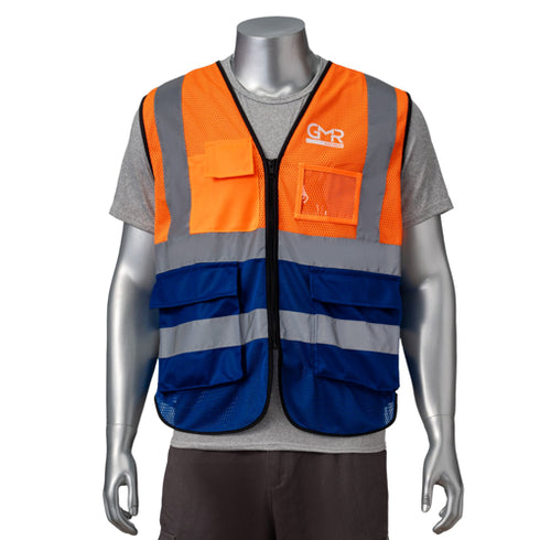 Class-2 Reflective Safety Vest With 4 Pockets | Front side | Safety orange-blue