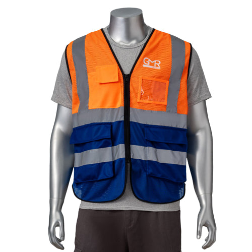 Class-2 Reflective Safety Vest With 4 Pockets | Front side | Safety orange-blue