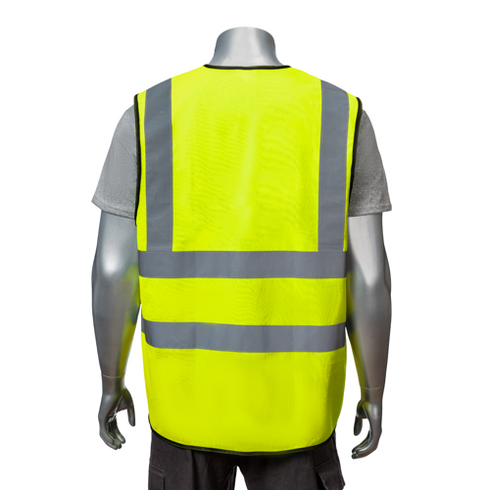 Class 2 3.8oz. Knitted Double Band Reflective Safety Loop & Hook Vest | Safety orange | Back side | Safety yellow