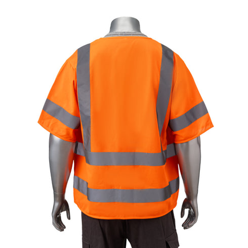 Class 3 Knitted Double Band Reflective Safety Vest With 2 Pockets | Back side | Safety orange