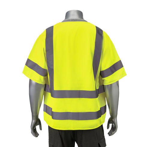 Class 3 Knitted Double Band Reflective Safety Vest With 2 Pockets | Back side | Safety yellow
