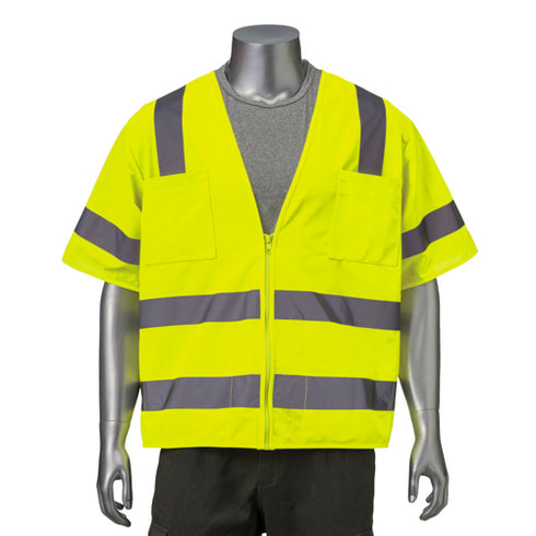 Class 3 Knitted Double Band Reflective Safety Vest With 2 Pockets | Front side | Safety yellow