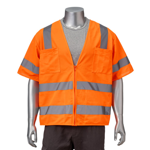 Class 3 Knitted Double Band Reflective Safety Vest With 2 Pockets | Front side | Safety orange